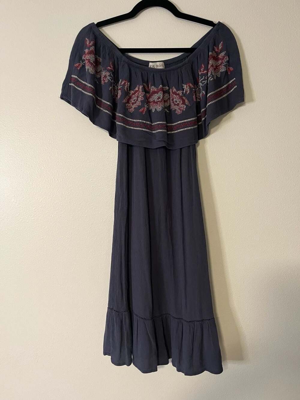Knox Rose Women's Blue Off-Shoulder Embroidered Floral Peasant Midi Dress